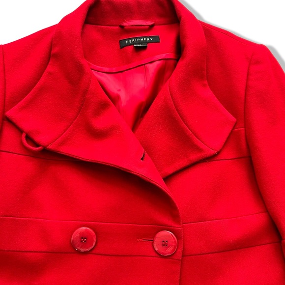 Women's Periphery Red Pea Coat with Dramatic Long Bell Sleeves in Size 6 - Picture 12 of 14